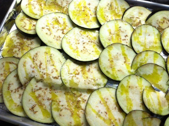 sliced eggplant ready for the oven