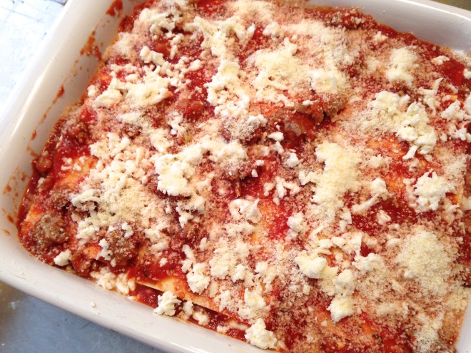 Lasagna all prepared and ready to bake