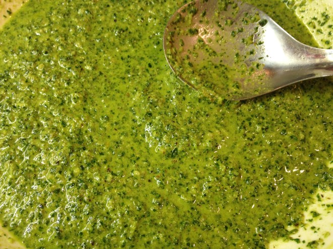 parsley-mint-walnut pesto with some pasta water mixed in